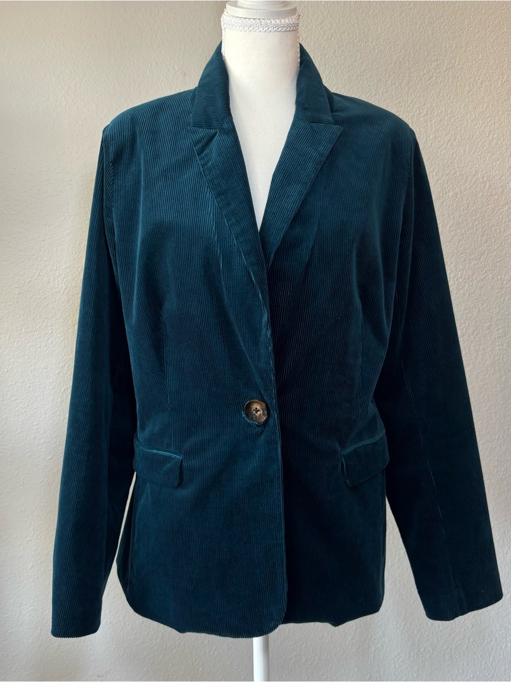 Laundry By Shelli Segal Teal Velvet Corduroy Blazer Jacket 8 One Button Academia